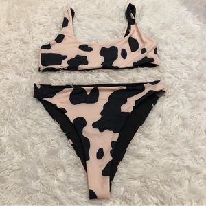 Shein Cow print 2 piece bikini set Size L pink black
